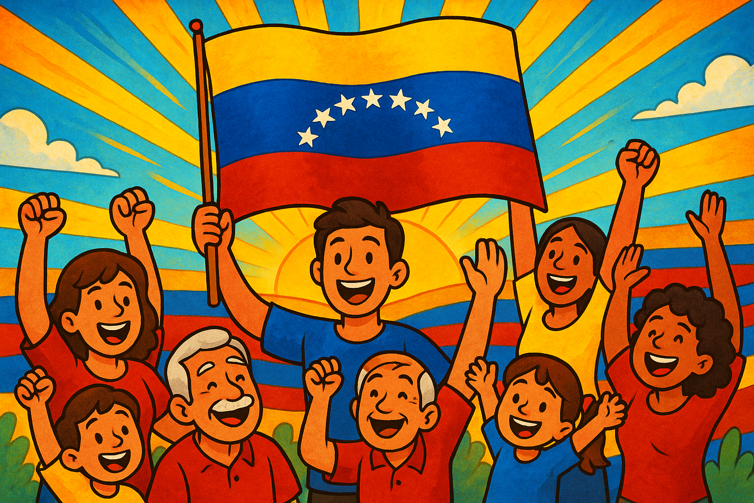  a cartoon style with vibrant vivid colors of the Venezuelan flag with 7 stars, A sun rising in the background, showing Venezuelan people happy in celebration. 